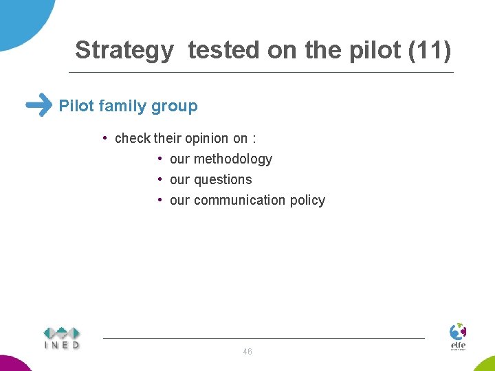 Strategy tested on the pilot (11) Pilot family group • check their opinion on