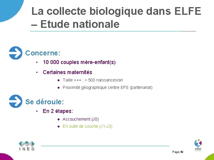 La collecte biologique dans ELFE – Etude nationale Concerne: • 10 000 couples mère-enfant(s)