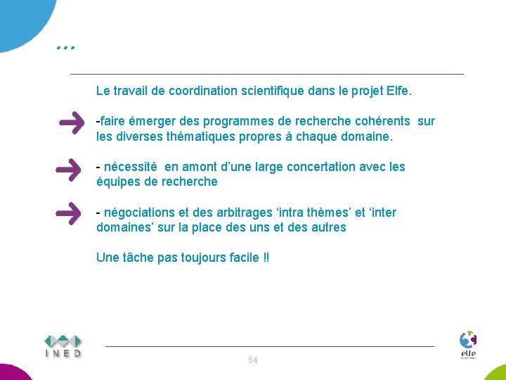 … Le travail de coordination scientifique dans le projet Elfe. -faire émerger des programmes