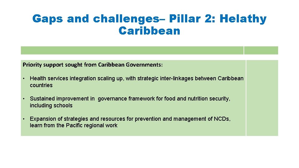 Gaps and challenges– Pillar 2: Helathy Caribbean Priority support sought from Caribbean Governments: •