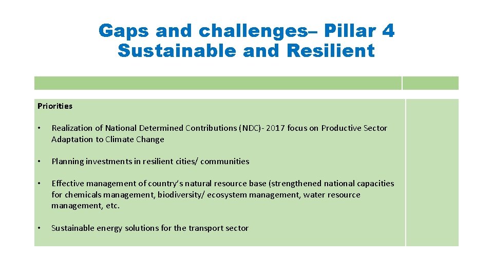 Gaps and challenges– Pillar 4 Sustainable and Resilient Priorities • Realization of National Determined