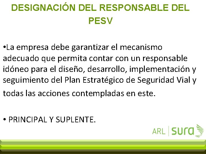 DESIGNACIÓN DEL RESPONSABLE DEL PESV • La empresa debe garantizar el mecanismo adecuado que