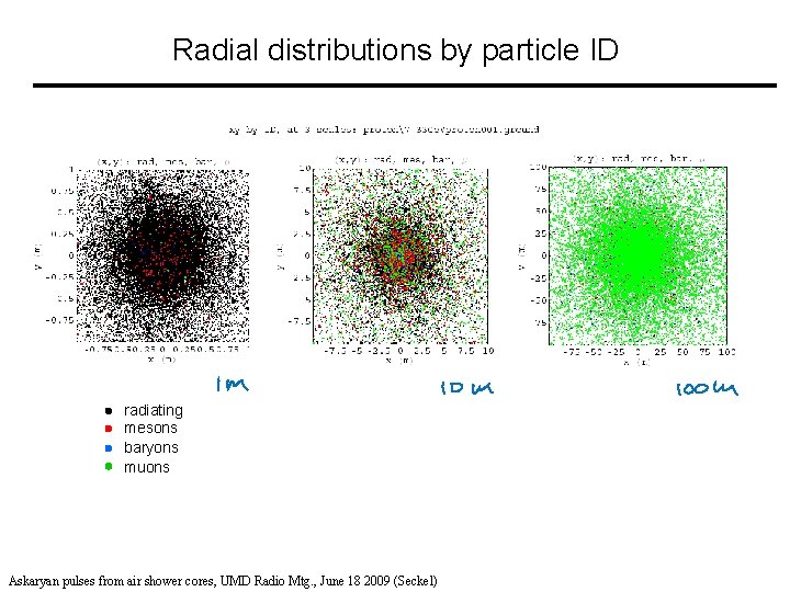 Radial distributions by particle ID radiating mesons baryons muons Askaryan pulses from air shower