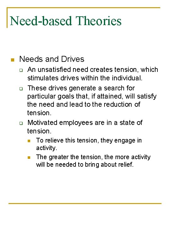 Need-based Theories n Needs and Drives q q q An unsatisfied need creates tension,