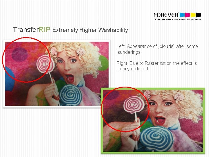 Transfer. RIP Extremely Higher Washability Left: Appearance of „clouds“ after some launderings Right: Due