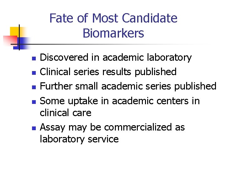 Fate of Most Candidate Biomarkers n n n Discovered in academic laboratory Clinical series