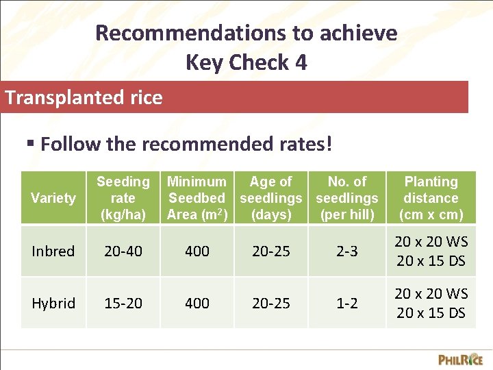 Recommendations to achieve Key Check 4 Transplanted rice § Follow the recommended rates! Variety