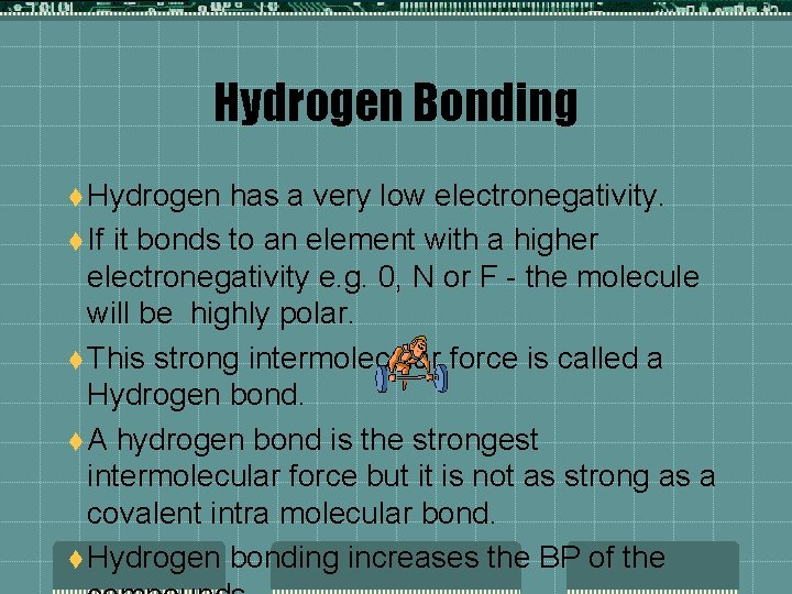 Hydrogen Bonding t Hydrogen has a very low electronegativity. t If it bonds to