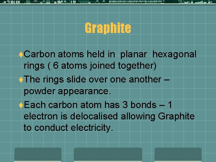 Graphite t. Carbon atoms held in planar hexagonal rings ( 6 atoms joined together)