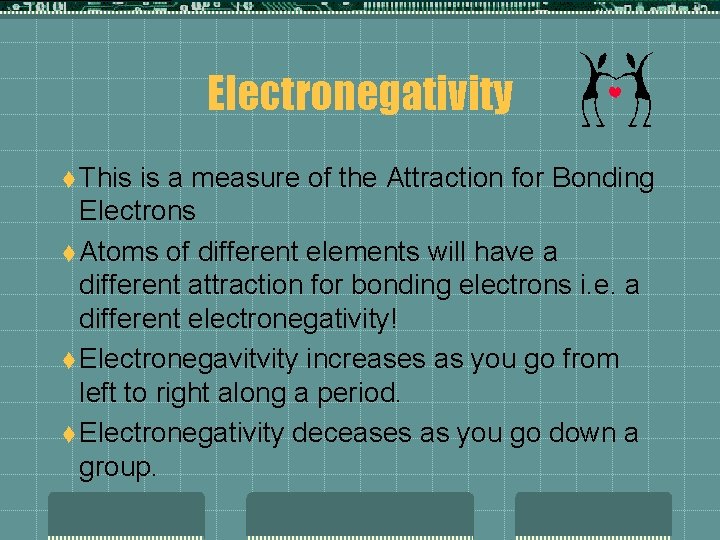 Electronegativity t This is a measure of the Attraction for Bonding Electrons t Atoms