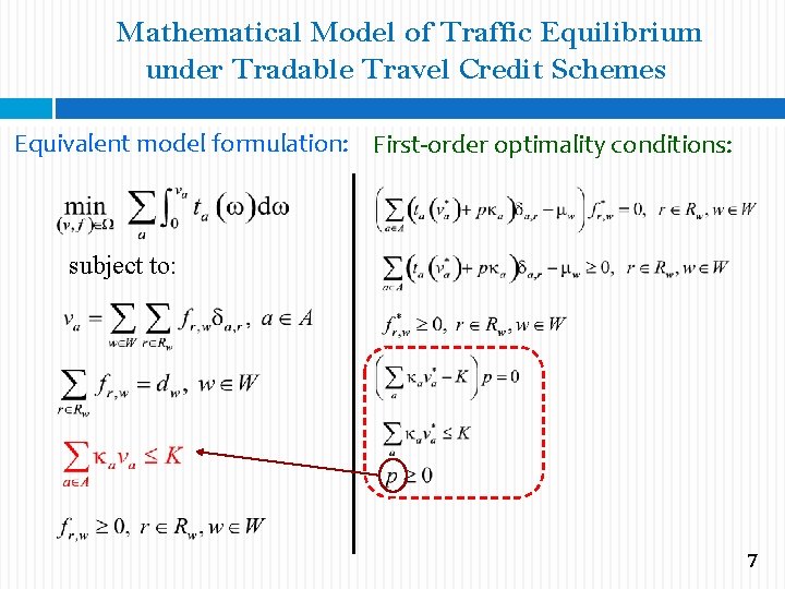 Mathematical Model of Traffic Equilibrium under Tradable Travel Credit Schemes Equivalent model formulation: First-order