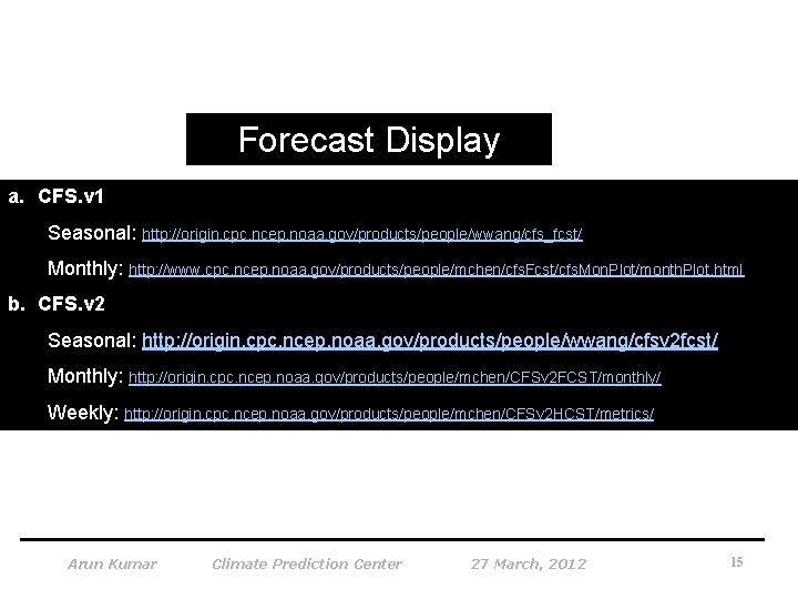 Forecast Display a. CFS. v 1 Seasonal: http: //origin. cpc. ncep. noaa. gov/products/people/wwang/cfs_fcst/ Monthly:
