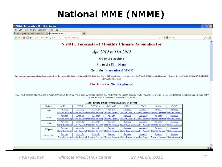 National MME (NMME) Arun Kumar Climate Prediction Center 27 March, 2012 17 