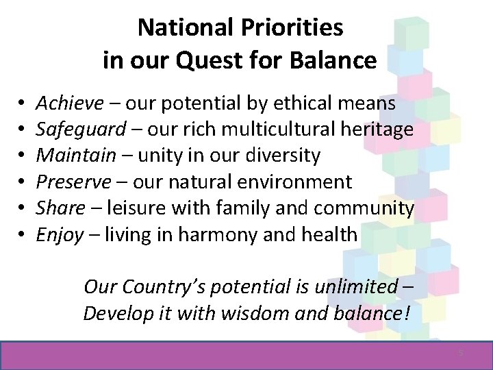 National Priorities in our Quest for Balance • • • Achieve – our potential