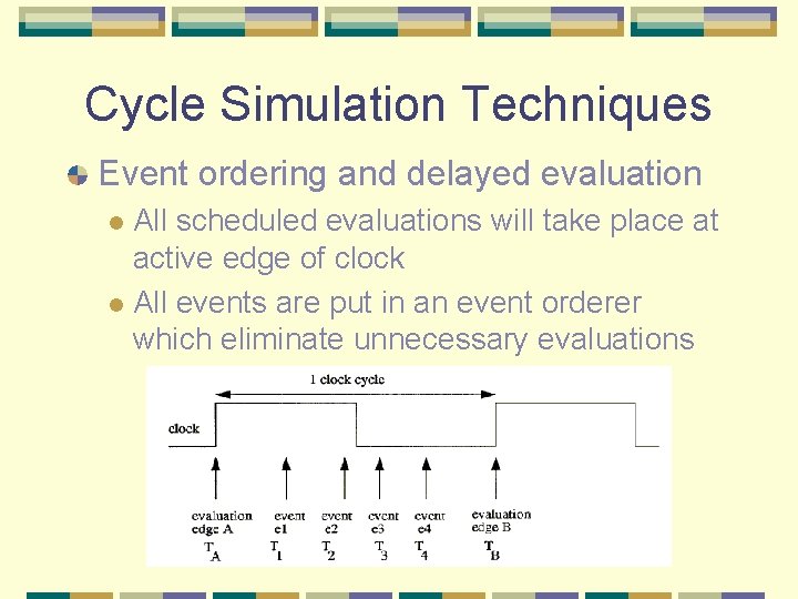 Cycle Simulation Techniques Event ordering and delayed evaluation All scheduled evaluations will take place