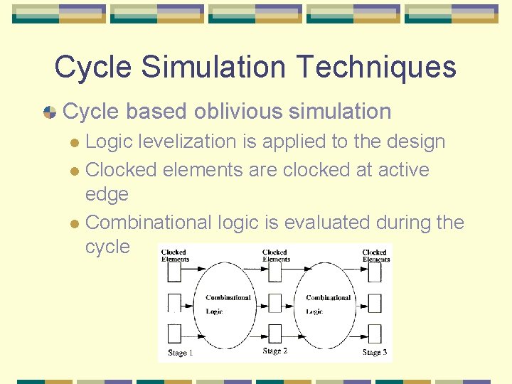 Cycle Simulation Techniques Cycle based oblivious simulation Logic levelization is applied to the design