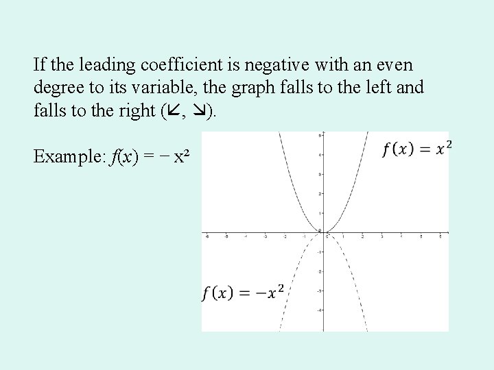 If the leading coefficient is negative with an even degree to its variable, the If the leading coefficient is negative with an even degree to its variable, the
