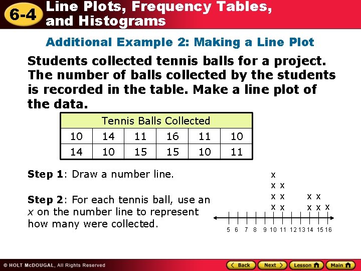 Line Plots, Frequency Tables, 6 -4 and Histograms Additional Example 2: Making a Line Line Plots, Frequency Tables, 6 -4 and Histograms Additional Example 2: Making a Line