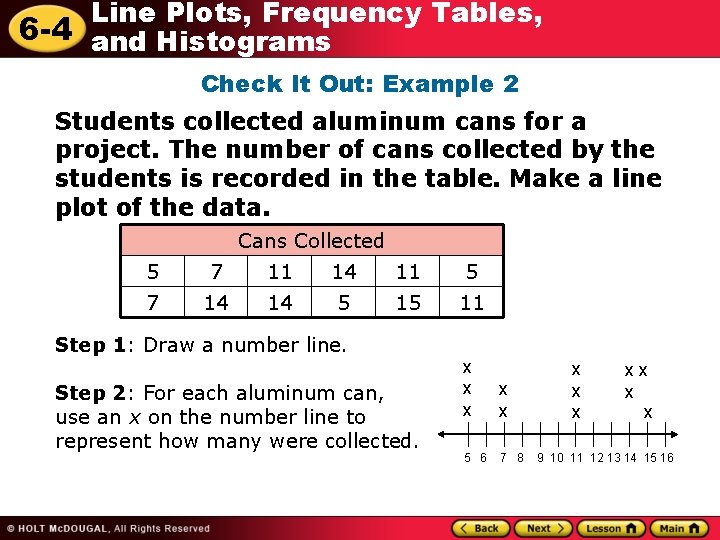 Line Plots, Frequency Tables, 6 -4 and Histograms Check It Out: Example 2 Students Line Plots, Frequency Tables, 6 -4 and Histograms Check It Out: Example 2 Students
