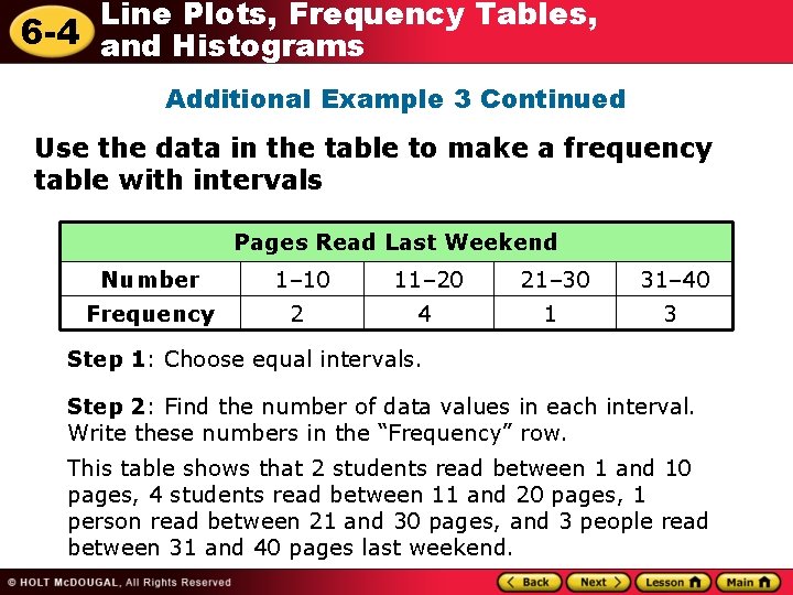 Line Plots, Frequency Tables, 6 -4 and Histograms Additional Example 3 Continued Use the Line Plots, Frequency Tables, 6 -4 and Histograms Additional Example 3 Continued Use the