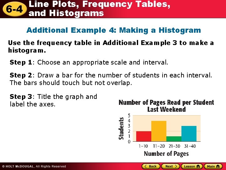 Line Plots, Frequency Tables, 6 -4 and Histograms Additional Example 4: Making a Histogram Line Plots, Frequency Tables, 6 -4 and Histograms Additional Example 4: Making a Histogram