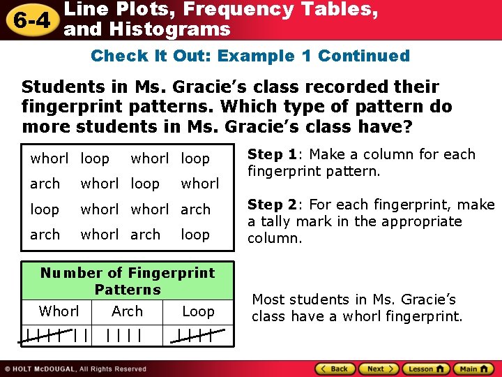 Line Plots, Frequency Tables, 6 -4 and Histograms Check It Out: Example 1 Continued Line Plots, Frequency Tables, 6 -4 and Histograms Check It Out: Example 1 Continued