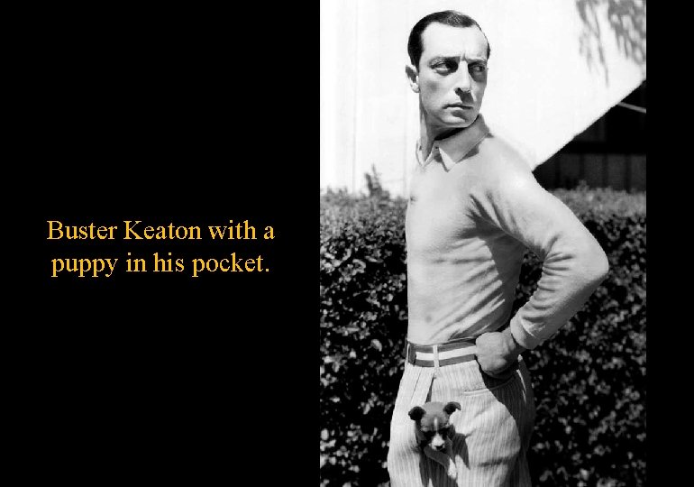 Buster Keaton with a puppy in his pocket. 