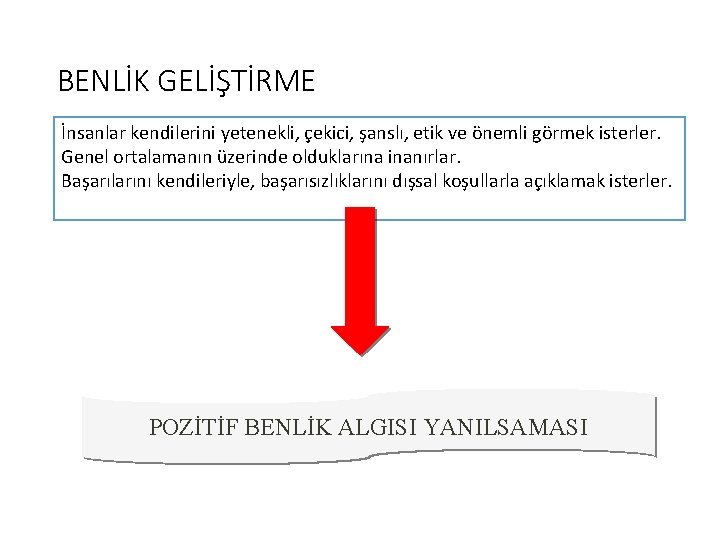 BENLİK GELİŞTİRME İnsanlar kendilerini yetenekli, çekici, şanslı, etik ve önemli görmek isterler. Genel ortalamanın