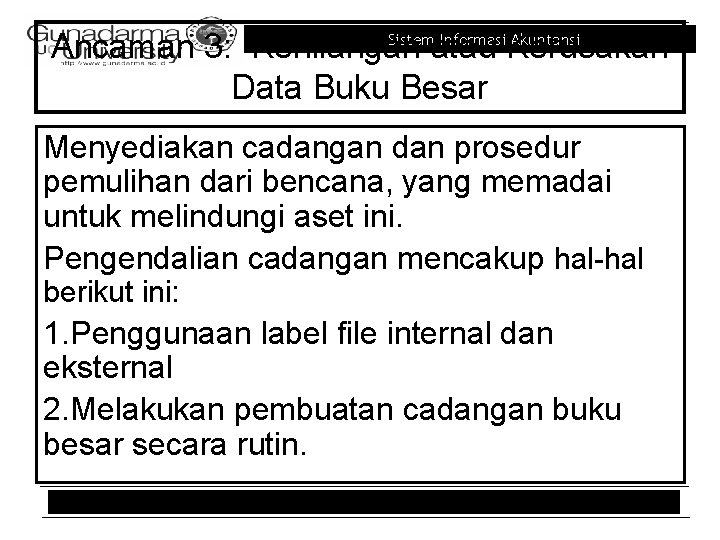Sistem Informasi Akuntansi Ancaman 3: Kehilangan atau Kerusakan Data Buku Besar Menyediakan cadangan dan