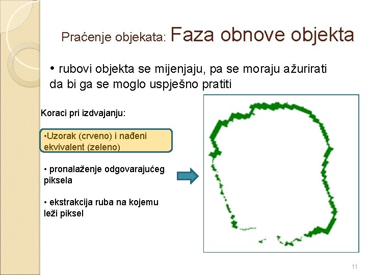 Praćenje objekata: Faza obnove objekta • rubovi objekta se mijenjaju, pa se moraju ažurirati