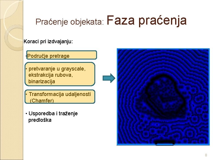 Praćenje objekata: Faza praćenja Koraci pri izdvajanju: • Područje pretrage • pretvaranje u grayscale,