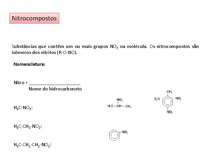 Nitrocompostos Substâncias que contêm um ou mais grupos NO 2 na molécula. Os nitrocompostos