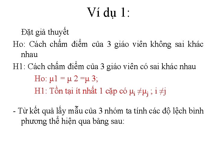 Ví dụ 1: Đặt giả thuyết Ho: Cách chấm điểm của 3 giáo viên