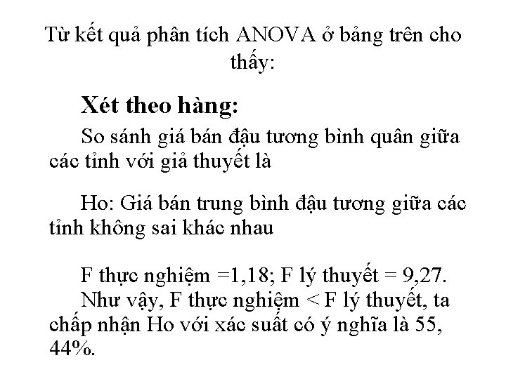 Từ kết quả phân tích ANOVA ở bảng trên cho thấy: Xét theo hàng: