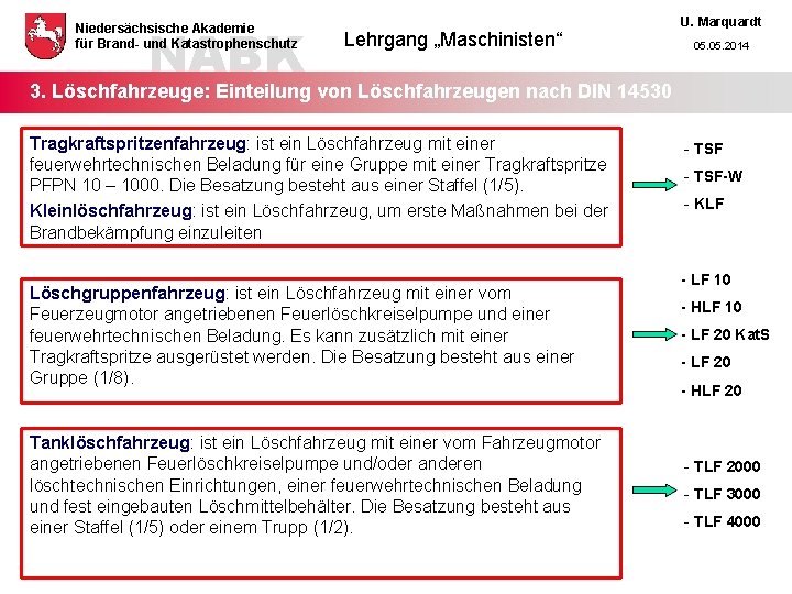 NABK Niedersächsische Akademie für Brand- und Katastrophenschutz Lehrgang „Maschinisten“ U. Marquardt 05. 2014 3.