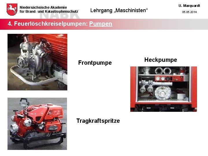 NABK Niedersächsische Akademie für Brand- und Katastrophenschutz Lehrgang „Maschinisten“ 4. Feuerlöschkreiselpumpen: Pumpen Frontpumpe Tragkraftspritze