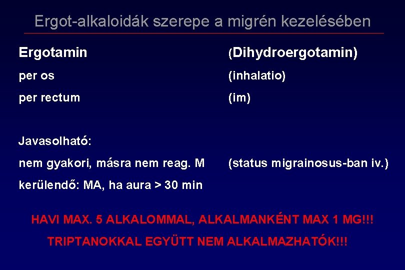 Ergot-alkaloidák szerepe a migrén kezelésében Ergotamin (Dihydroergotamin) per os (inhalatio) per rectum (im) Javasolható: Ergot-alkaloidák szerepe a migrén kezelésében Ergotamin (Dihydroergotamin) per os (inhalatio) per rectum (im) Javasolható: