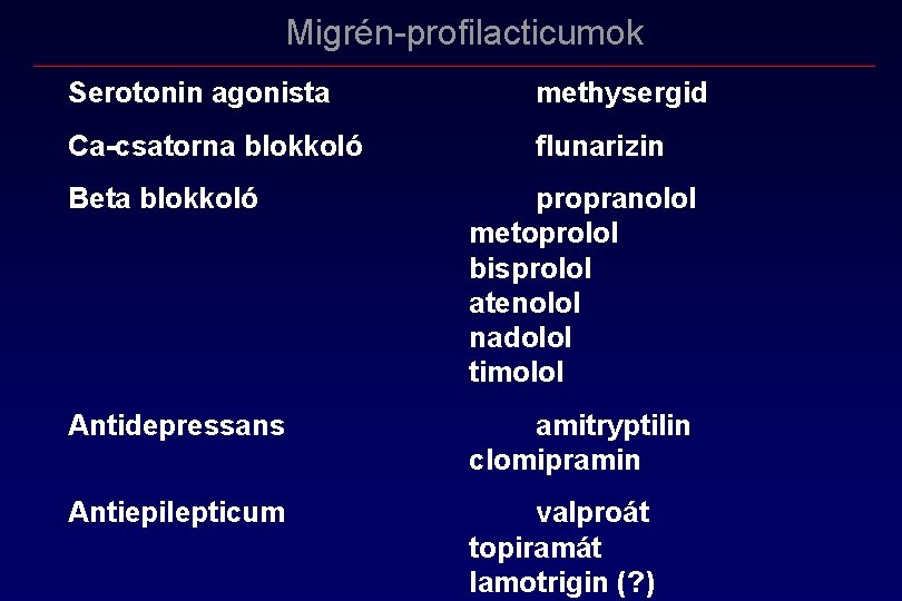 Migrén-profilacticumok Serotonin agonista methysergid Ca csatorna blokkoló flunarizin Beta blokkoló propranolol metoprolol bisprolol atenolol Migrén-profilacticumok Serotonin agonista methysergid Ca csatorna blokkoló flunarizin Beta blokkoló propranolol metoprolol bisprolol atenolol