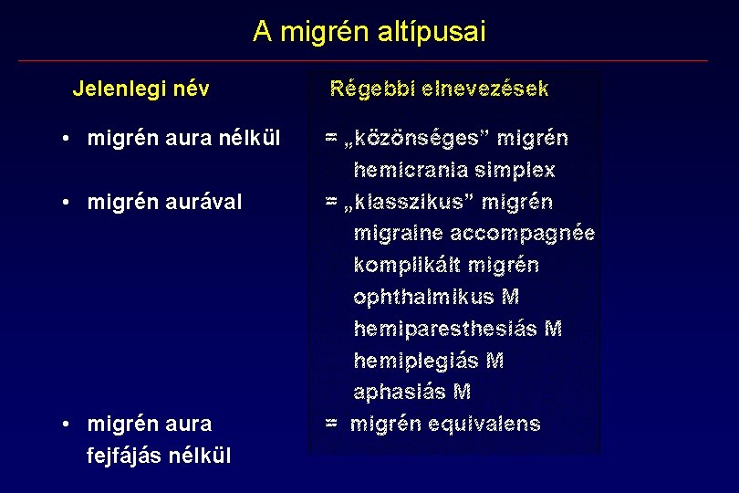 A migrén altípusai Jelenlegi név • migrén aura nélkül • migrén aurával • migrén A migrén altípusai Jelenlegi név • migrén aura nélkül • migrén aurával • migrén