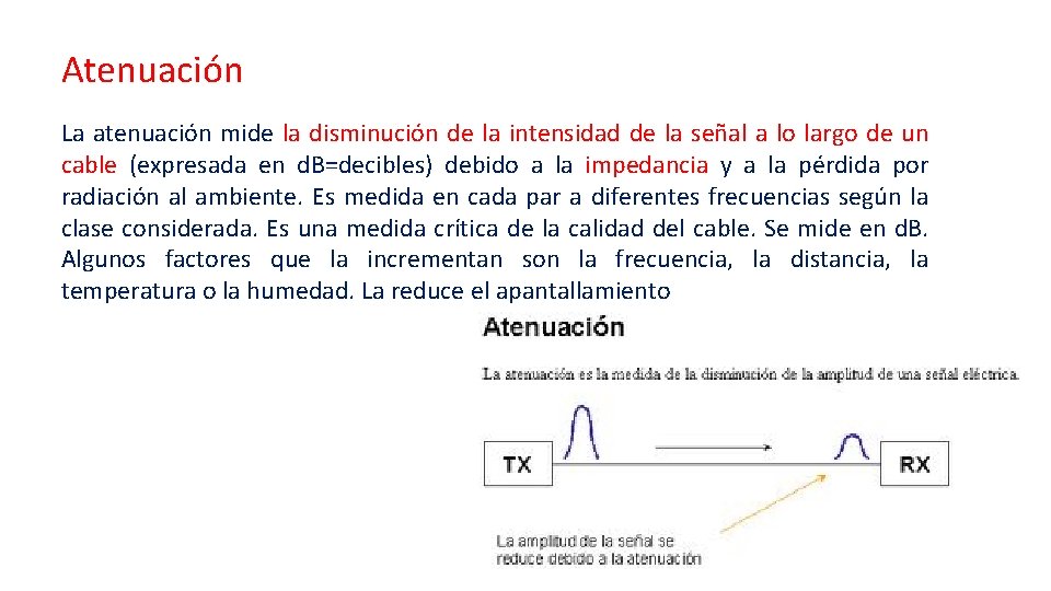 Atenuación La atenuación mide la disminución de la intensidad de la señal a lo