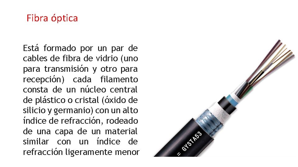 Fibra óptica Está formado por un par de cables de fibra de vidrio (uno