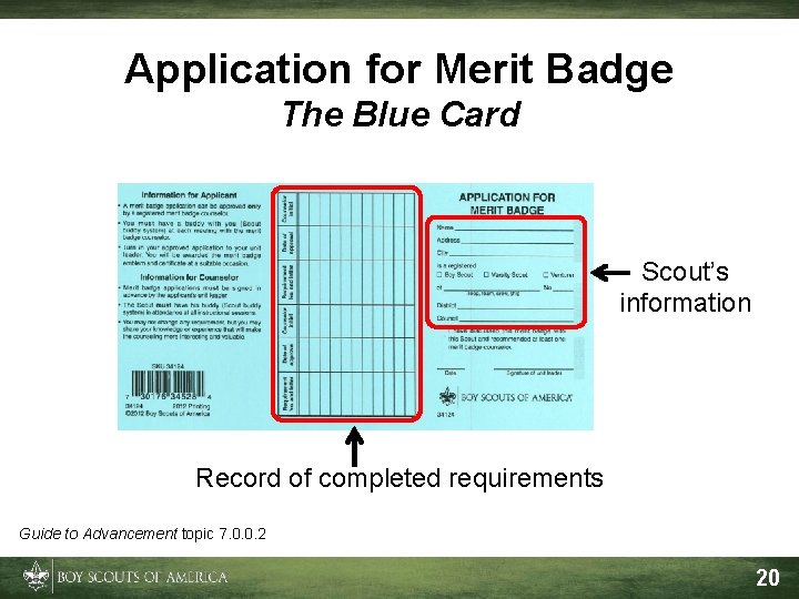 Application for Merit Badge The Blue Card Scout’s information Record of completed requirements Guide