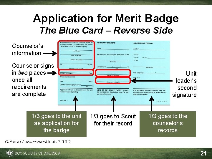 Application for Merit Badge The Blue Card – Reverse Side Counselor’s information Counselor signs