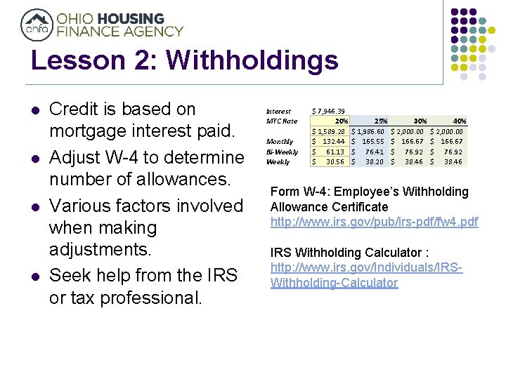 Lesson 2: Withholdings l l Credit is based on mortgage interest paid. Adjust W-4