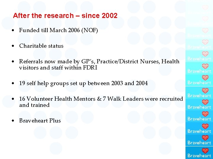 After the research – since 2002 • Funded till March 2006 (NOF) • Charitable