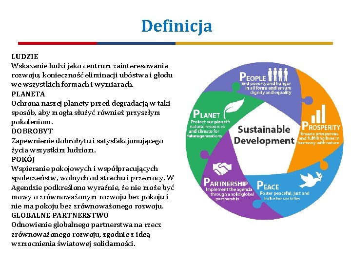 Definicja LUDZIE Wskazanie ludzi jako centrum zainteresowania rozwoju; konieczność eliminacji ubóstwa i głodu we