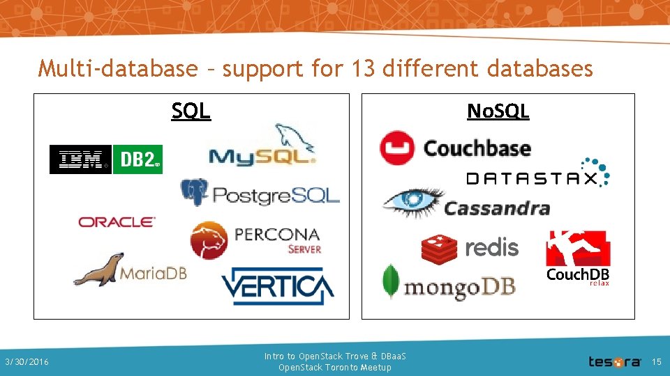 Multi-database – support for 13 different databases No. SQL 3/30/2016 Intro to Open. Stack