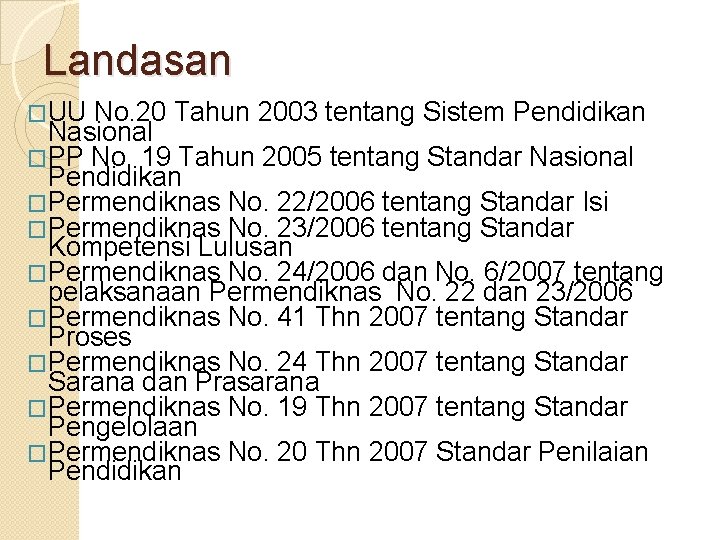 Landasan �UU No. 20 Tahun 2003 tentang Sistem Pendidikan Nasional �PP No. 19 Tahun
