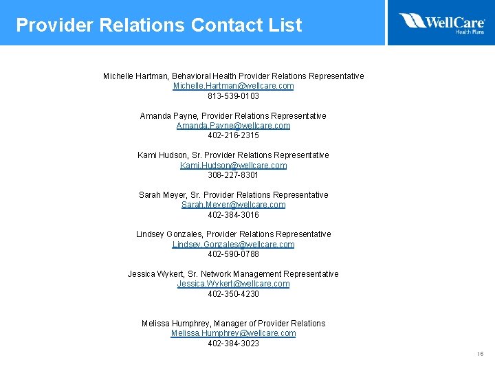 Provider Relations Contact List Michelle Hartman, Behavioral Health Provider Relations Representative Michelle. Hartman@wellcare. com