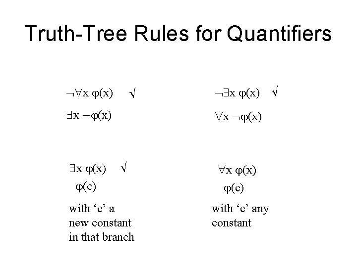 Truth-Tree Rules for Quantifiers x (x) x (x) x (x) (c) x (x) x